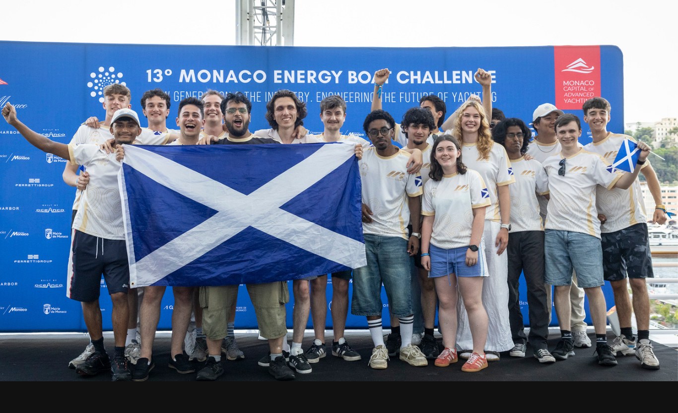 The HFR team with the Saltire at the 13th Monaco Energy Boat Challenge